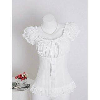 シーイン(SHEIN)のSHEIN ホワイト フリル付き 半袖シャツ(シャツ/ブラウス(半袖/袖なし))