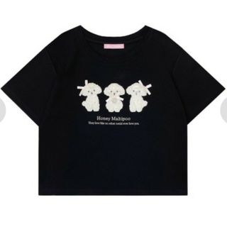ハニーシナモン(Honey Cinnamon)のハニーシナモン　プードルアップリケTシャツ　ブラック　リボン　黒　カットソー(Tシャツ(半袖/袖なし))