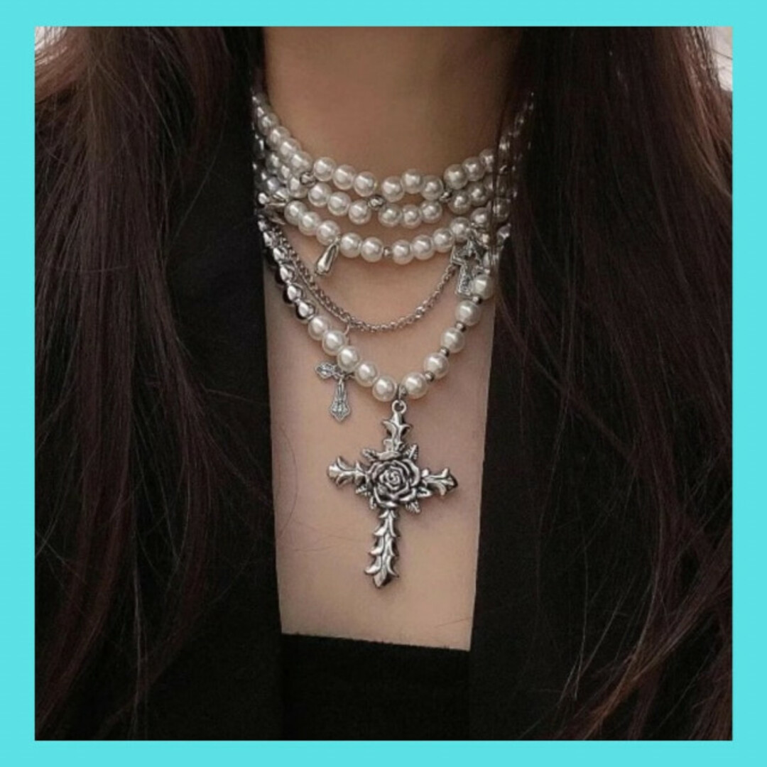 クロスパールネックレス Y2K グランジ系ギャル風 レディースのアクセサリー(ネックレス)の商品写真
