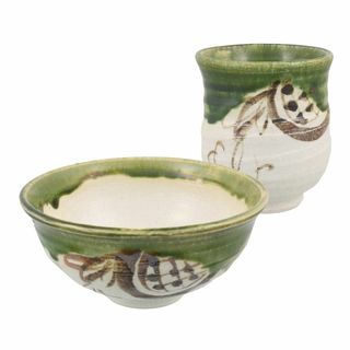 【人気商品】瀬戸焼 「 中島塩草 」 織部鉄絵 お茶碗 湯呑み 食器ペアセット (食器)