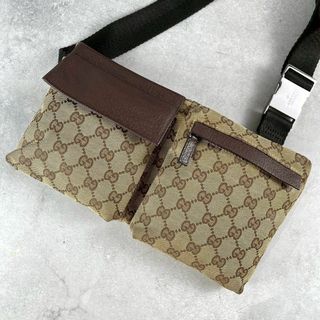 グッチ(GUCCI)の美品 グッチ GG キャンバス ボディバッグ レザー ウエストポーチ ブラウン(ボディバッグ/ウエストポーチ)