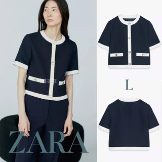 ザラ(ZARA)のZARA ザラ　コントラストトリム入りショートスリーブブレザー　L(テーラードジャケット)