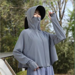 UVカットパーカー 接触冷感 グレー 日焼け止め つば取り外し可能 ポニテ穴