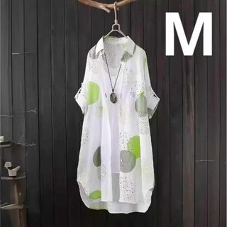 レディースロングシャツグリーン/Ｍサイズ春夏秋長袖カーディガン(シャツ/ブラウス(長袖/七分))