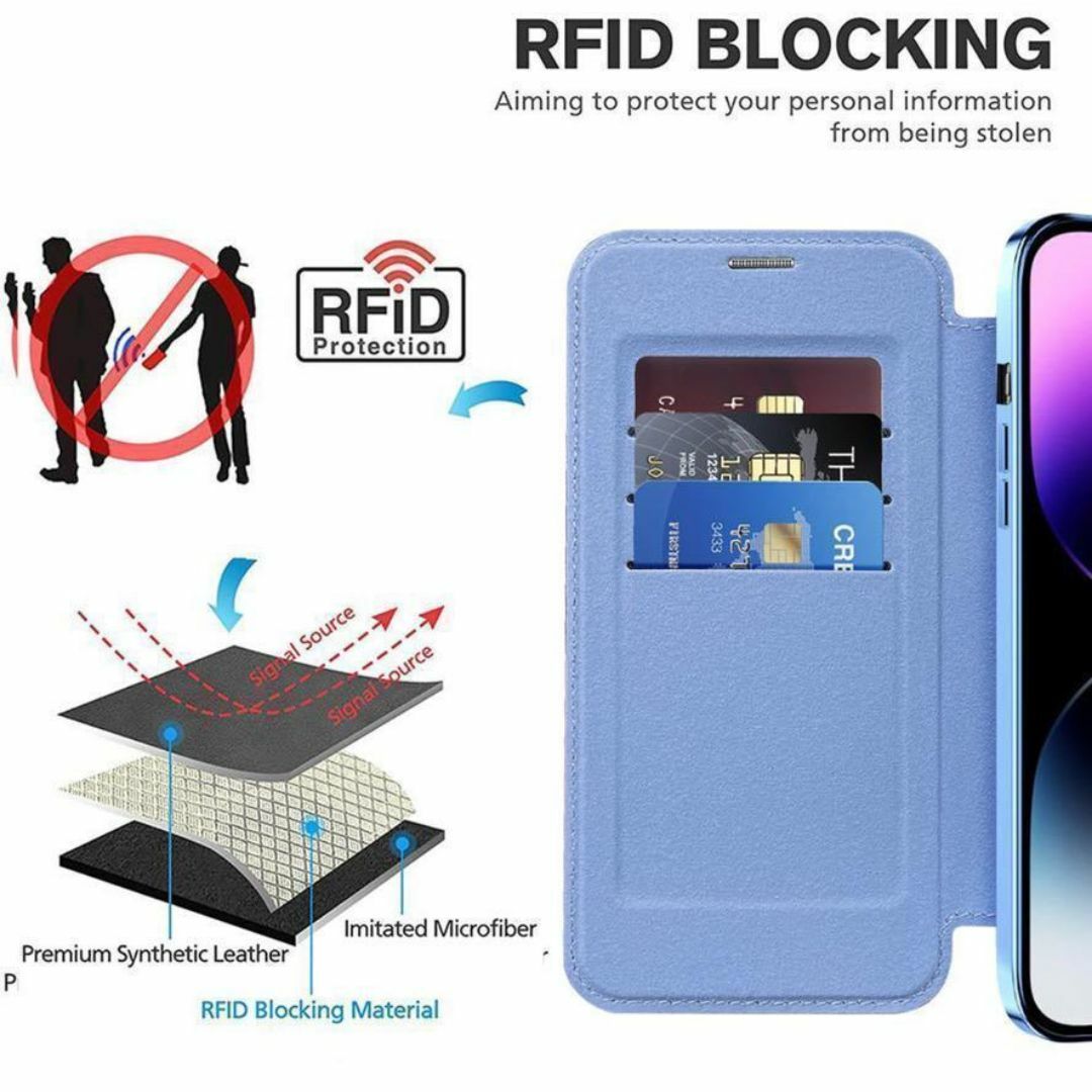 iPhone 15 ケース 手帳型 レザー MagSafeカード収納 水色 スマホ/家電/カメラのスマホアクセサリー(iPhoneケース)の商品写真