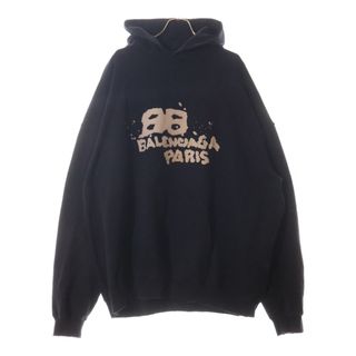 バレンシアガ(BALENCIAGA)のBALENCIAGA バレンシアガ 23SS Hand Drawn BB Icon Hoodieダメージ加工ロゴ オーバーサイズ プルオーバーパーカー T07 620973TNVQ1 1059 ブラック(パーカー)