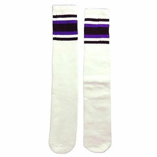 (4741) SkaterSocks ロングソックス 靴下 スケボー 白x黒x紫(ソックス)