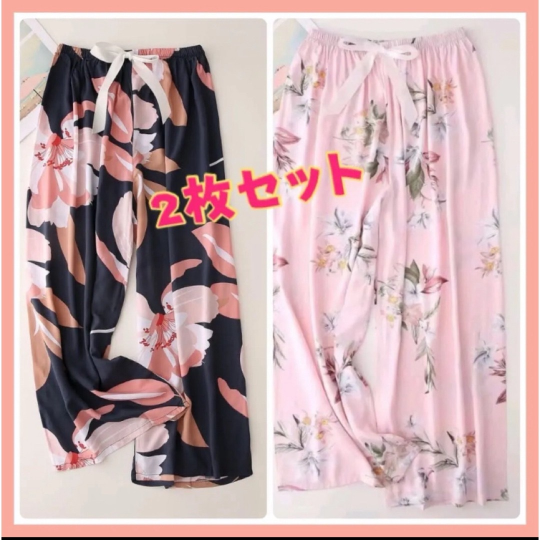 【値下げ品】リラックスパンツ  ウエストゴム 花柄 （ピンク、ネイビー）のセット レディースのパンツ(カジュアルパンツ)の商品写真