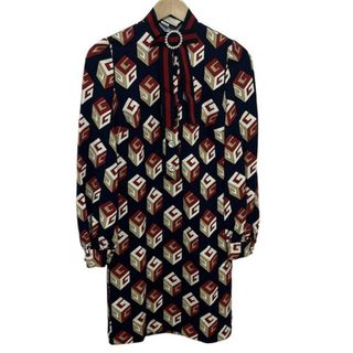 グッチ(GUCCI)のGUCCI(グッチ) ワンピース サイズXS レディース - 479505 X9B35 ネイビー×レッド×マルチ 長袖/ひざ丈/ビジュー(その他)
