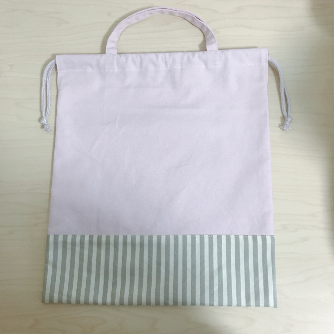 シンプルアイスピンク×グレーストライプ 体操着袋(内側ネームタグ付き) ハンドメイドのキッズ/ベビー(外出用品)の商品写真