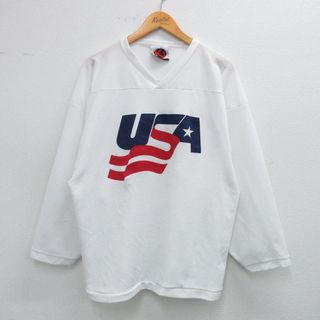 XL★古着 長袖 ビンテージ フットボール Tシャツ メンズ 90年代 90s USAロゴ Vネック USA製 白 ホワイト ゲームシャツ ユニフォーム 25jul25 中古(Tシャツ/カットソー(半袖/袖なし))