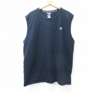 チャンピオン(Champion)のXL★古着 チャンピオン champion ノースリーブ Tシャツ メンズ ワンポイントロゴ 大きいサイズ クルーネック 紺 ネイビー 25jul25 中古(タンクトップ)