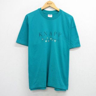ヘインズ(Hanes)のXL★古着 ヘインズ Hanes 半袖 ビンテージ Tシャツ メンズ 90年代 90s KNAPP クルーネック USA製 青緑 25jul25 中古(Tシャツ/カットソー(半袖/袖なし))