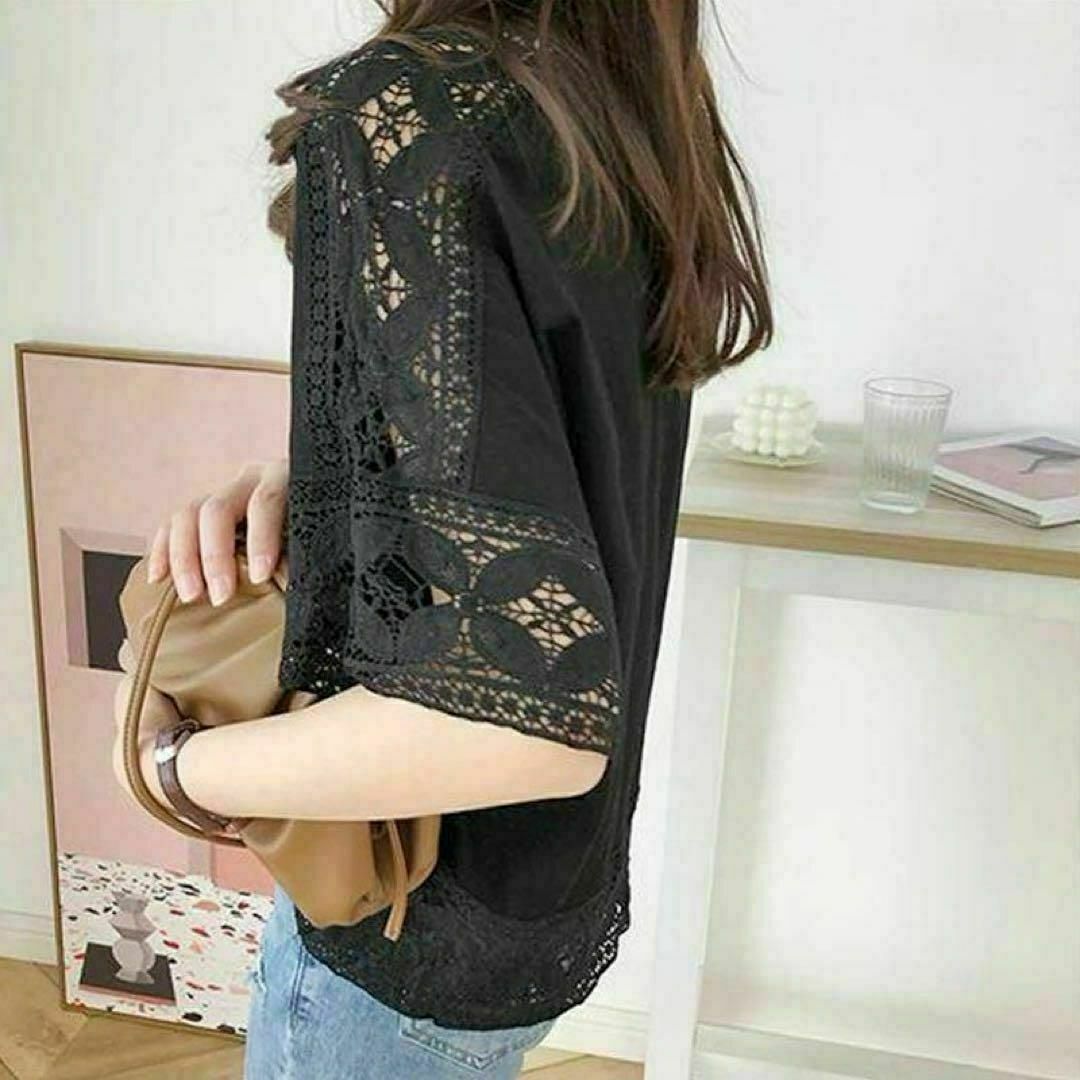 ブラウス　シャツ　Tシャツ　ブラック レース　五分袖　トップス　レイヤード　黒 レディースのトップス(シャツ/ブラウス(半袖/袖なし))の商品写真