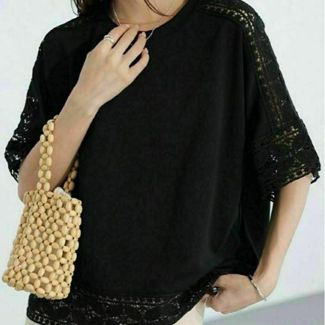 ブラウス　シャツ　Tシャツ　ブラック レース　五分袖　トップス　レイヤード　黒 レディースのトップス(シャツ/ブラウス(半袖/袖なし))の商品写真