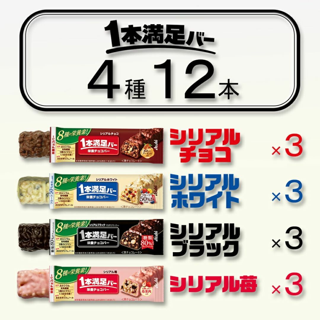 アサヒグループ食品(アサヒグループショクヒン)の【 送料無料 】 アサヒグループ食品 1本満足バー シリアル 4種 ( チョコ ホワイト ブラック 苺 ) 各3本 計12本 詰め合わせ アソート セット まとめ買い 大容量 栄養補助食品 食品/飲料/酒の食品(菓子/デザート)の商品写真