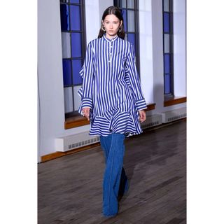 定価8.9万　ADEAM アディアム　ブルー　ストライプ　フリルシャツワンピース(ひざ丈ワンピース)