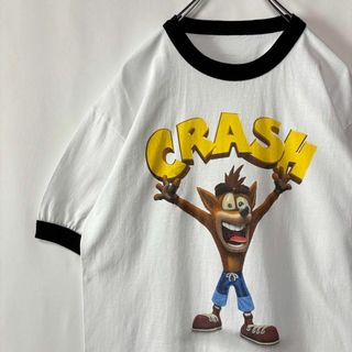クラッシュ・バンディクー　リンガーTシャツ ホワイト　Lサイズ　トリムT　古着(Tシャツ/カットソー(半袖/袖なし))