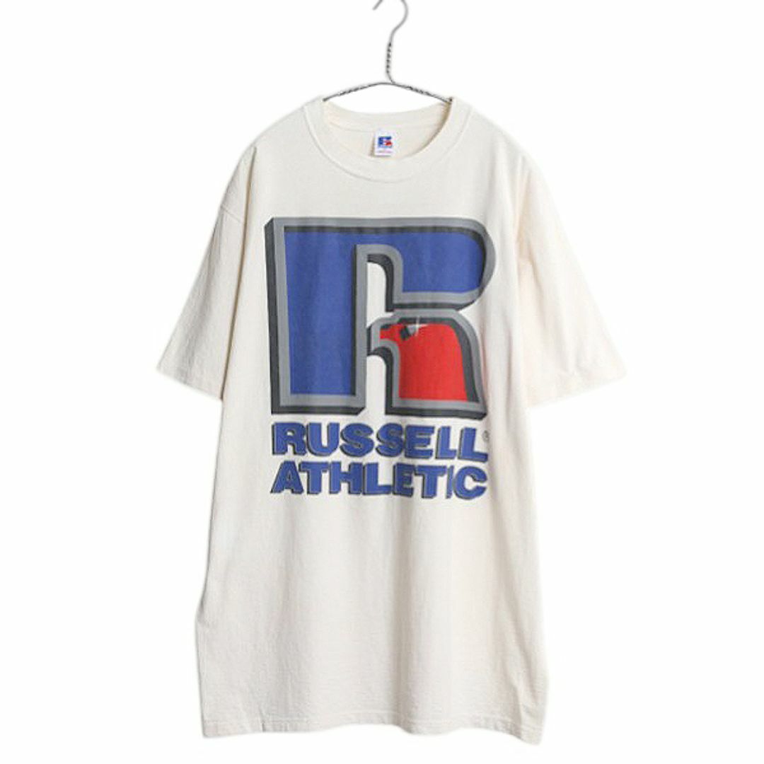 80s USA製 ラッセル ロゴ プリント Tシャツ メンズ XL ヴィンテージ コットン シングルステッチ グラフィック ヘビーウェイト 大きいサイズ メンズのトップス(Tシャツ/カットソー(半袖/袖なし))の商品写真