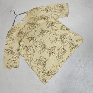 良品★Womiyan Tシャツ カットソー コットン 花柄 薔薇 イエロー L(Tシャツ(半袖/袖なし))