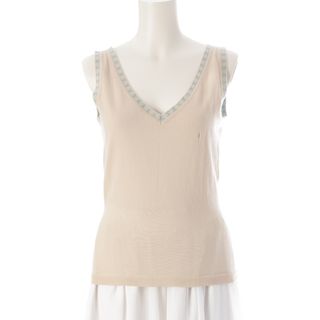 シャネル(CHANEL)のシャネル 01S ココマーク トリム ノースリーブ ニット ベスト トップス P17932 ベージュ ライトブルー 36【中古】(ベスト/ジレ)