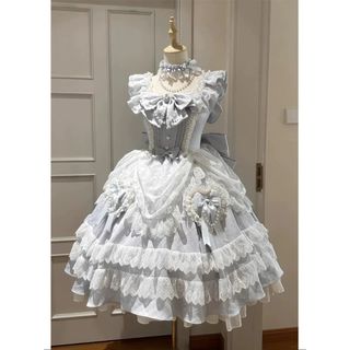 水色 ロリータ ドレス ワンピース レース フリル ハート(ひざ丈ワンピース)