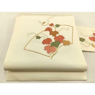平和屋着物◎塩瀬　九寸名古屋帯　総刺繍　駒刺繍　地紙蔦の葉文　金糸　正絹　逸品　BAAS6330hj(帯)