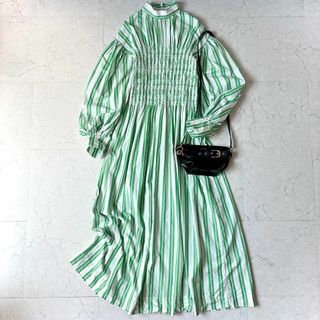 GANNI - GANNI ガニー グリーンストライプ ギャザー ロング シャツワンピース 緑白