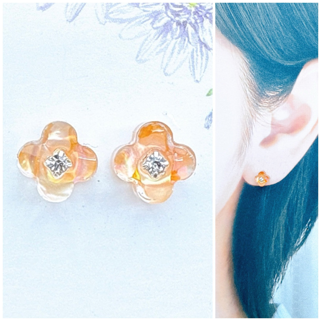 オレンジ7mmお花ピアス/イヤリング ハンドメイドのアクセサリー(ピアス)の商品写真
