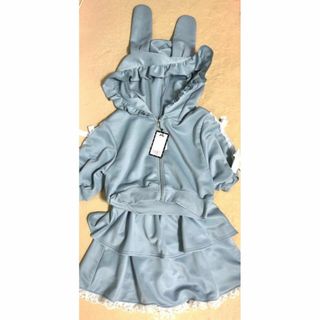 新品 うさ耳パーカー ＆ スカート 上下セット サックス Mサイズ セットアップ(セット/コーデ)