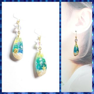 No.1408-E　海・星の砂☆レジンピアス・イヤリング(ゴールド)