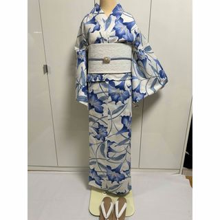 浴衣 ゆかた 白地にブルー 百合 ゆり 花柄 Mサイズ コットン100% Mです(浴衣)
