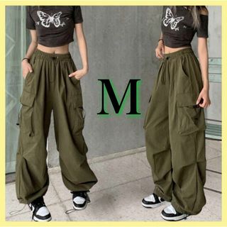 パラシュートパンツ　カーゴパンツ　カーキ　緑　M ワイドパンツ　ダンス(ワークパンツ/カーゴパンツ)