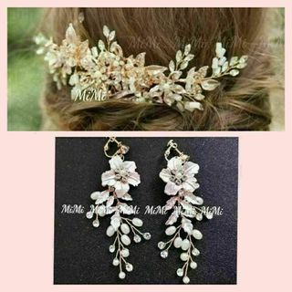 セット☆イヤリングkヘッドドレスブライダルピンクゴールドヘアアクセサリー(その他)