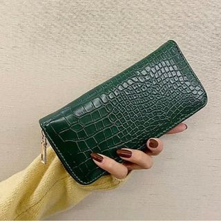 クロコダイル 長財布 グリーン 型押し ロングウォレット ラウンド