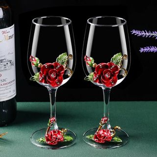 薔薇花柄 高級ワイングラス ペア 2点シャンパン グラス キラキラ ワイングラス