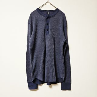 【UNIQLO】ユニクロ ワッフルヘンリーネックT 長袖 ネイビー (S)