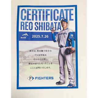 柴田獅子　プロ初登板証明証　日本ハムファイターズ