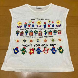 Tシャツ　ホワイト　花・ペンギン　120