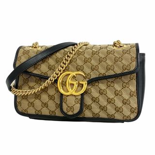 グッチ(GUCCI)の【5gd4719-h】グッチ ショルダーバッグ GGキャンバス GGマーモント 443497 キャンバス ベージュ ブラック ゴールド金具【中古】レディース(ショルダーバッグ)