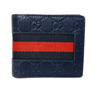 グッチ(GUCCI)のGUCCI(グッチ) 2つ折り財布 シマライン,シェリー(ウェブ) 408826 ダークネイビー×黒×レッド コットン、レザー(財布)