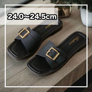 黒 サンダル スクエアバックル ゴールド 上品 ぺたんこ 夏 トレンド 旅行 海