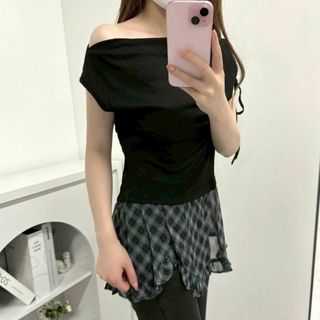 新品 レディース clear オシャレ Tシャツ チュール ブラック 韓国風 黒(Tシャツ(半袖/袖なし))