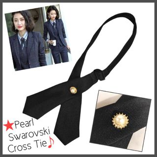 ★美品♪クロスタイ★真珠＆スワロフスキー★ブランド ジョルジュサンド♪黒★サテン(ネクタイ)