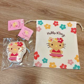 ハローキティ(ハローキティ)の日焼けキティ 2個 クッションキーホルダー 巾着 セリア ダイソー キャンドゥ(キャラクターグッズ)