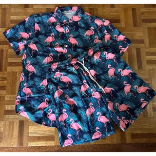 新品 XL リーフ ピンクフラミンゴ アロハシャツ.ハーフパンツ セットアップ(シャツ)