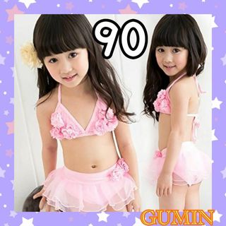 キッズ ビキニ 水着 ホルターネック ピンク フラワー 可愛い プリンセス 90(水着)
