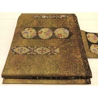平和屋着物◎九寸名古屋帯　横段花文　黒地　金糸　正絹　逸品　BAAU0855hv