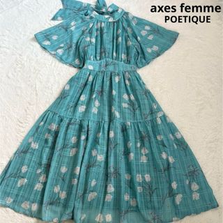 アクシーズファムポエティック(axes femme POETIQUE)の【極美品】axes femme.チューリップ柄ロングワンピース　ティアード　緑(ロングワンピース/マキシワンピース)