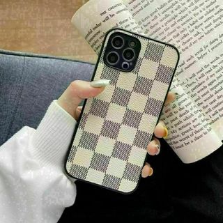 iPhone15pro　 高級感格子　スマホ　市松模様　両サイドボタン保護　白(iPhoneケース)